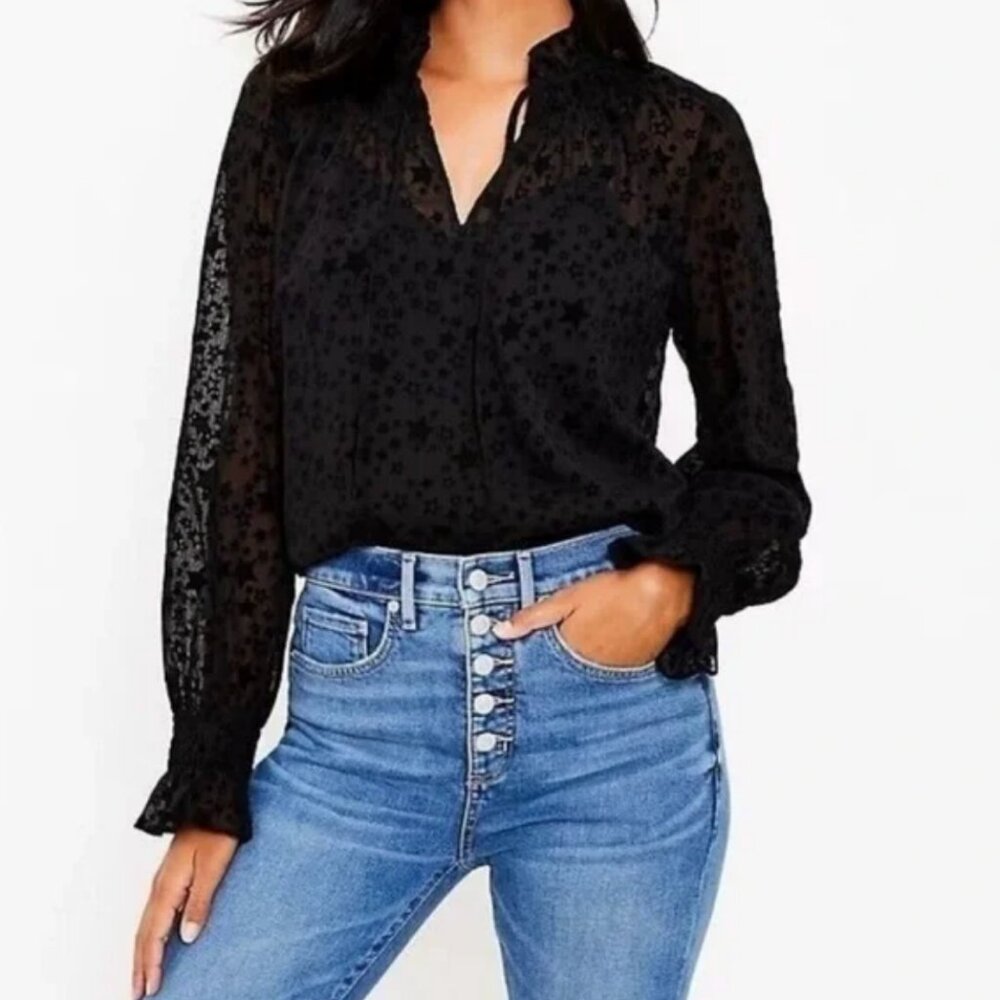 NEW Loft Black Star Ruffle Tie Neck Blouse - NWT